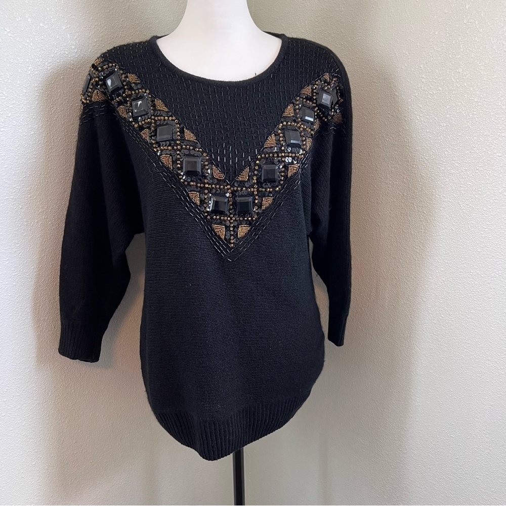 Vintage Le Chois Size M Black Silk/Angora/Lambs Wool Beaded Embellished Sweater